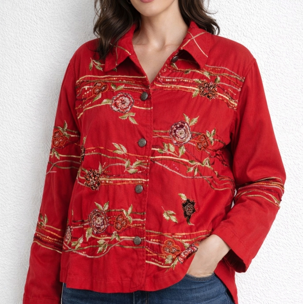 Coldwater Creek Jacket Red Embroidered Button Front L Sz PXL Cottagecore